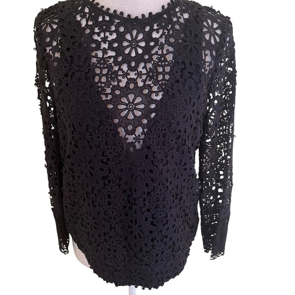 Sea New York "Roseanne"  Black Crochet Cotton Lace Long Sleeve Top 0